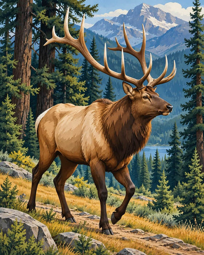 Elk diamond painting showing majestic elk standing in forest with mountains in background