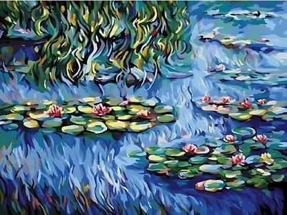 Colorful painting of water lilies and fish on a blue background. Monet Water Lilies - Diamond Painting