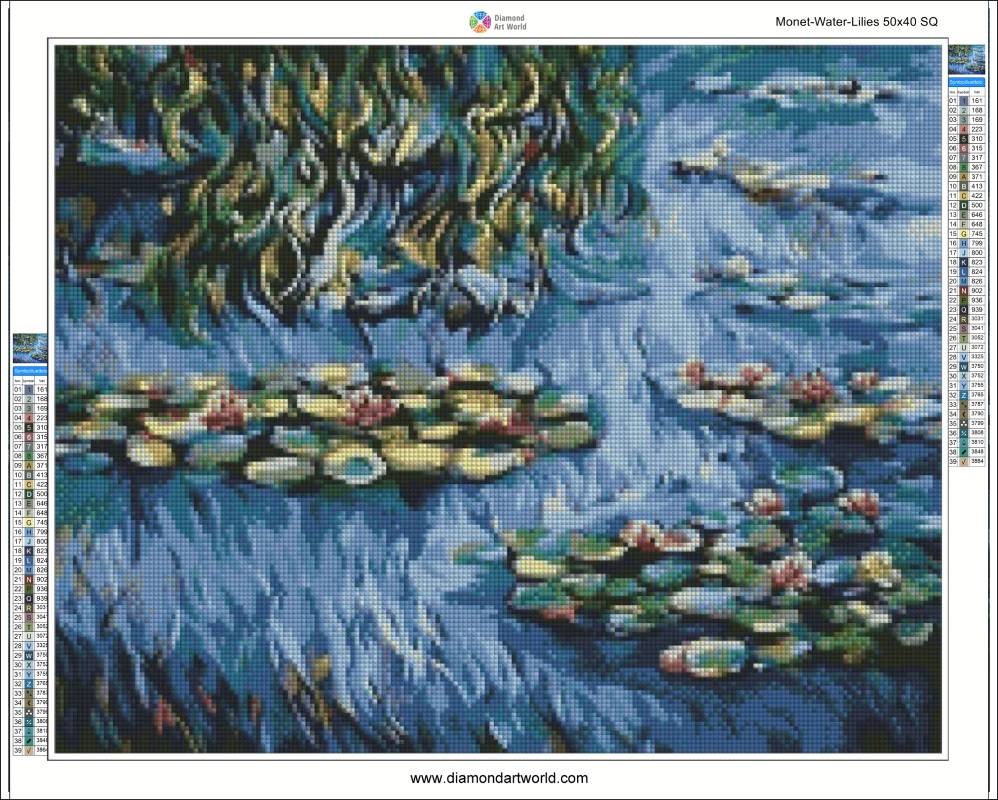 Diamond painting layout of Monet's Water Lilies with a diamond art world logo.