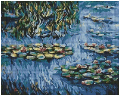 Diamond art of a famous artwork featuring water lilies and leaves. Monet Water Lilies - Diamond art