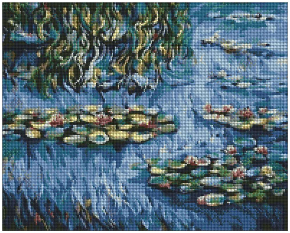 Diamond art of a famous artwork featuring water lilies and leaves. Monet Water Lilies - Diamond art