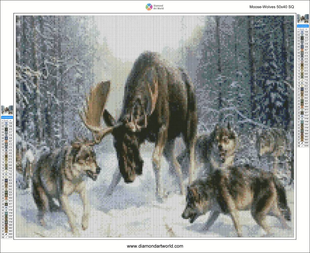 Diamond painting canvas with moose and wolves in a snowy forest. Diamond painting layout