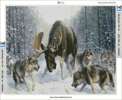Diamond painting canvas with moose and wolves in a snowy forest. Diamond painting layout