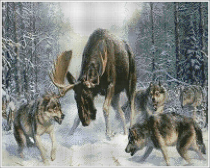 Two wolves chasing a moose through a snowy forest. Diamond art