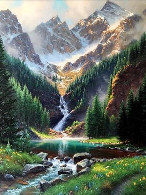 Mountains Waterfall Valley – Diamond Painting