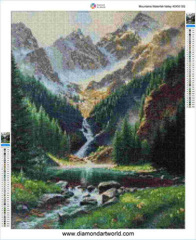 Mountains Waterfall Valley - Diamond Painting Layout