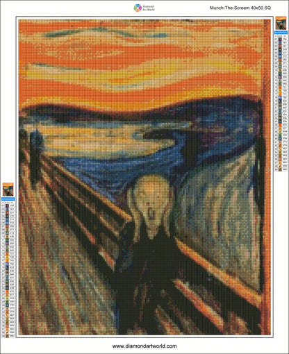 Digital diamond painting of Munch's 'The Scream' with a diamond art software interface. Munch The Scream - Diamond Painting Layout
