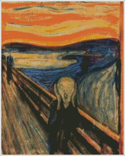 Artistic depiction of a figure with a blurred face, standing on a bridge with a dramatic sky. Munch The Scream - Diamond art