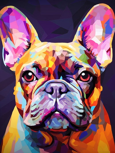 A colorful, low-poly style digital art print of a French Bulldog portrait, featuring vibrant shades of yellow, orange, pink, purple, and blue against a dark background. Neon French Bulldog - Diamond Painting