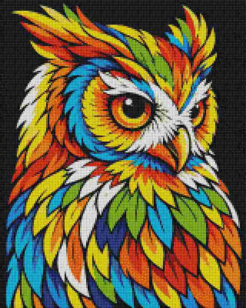 A vibrant, multicolored pixel-art owl portrait on a black background, featuring bright shades of yellow, orange, red, blue, green, and white. Neon Owl - Diamond Painting
