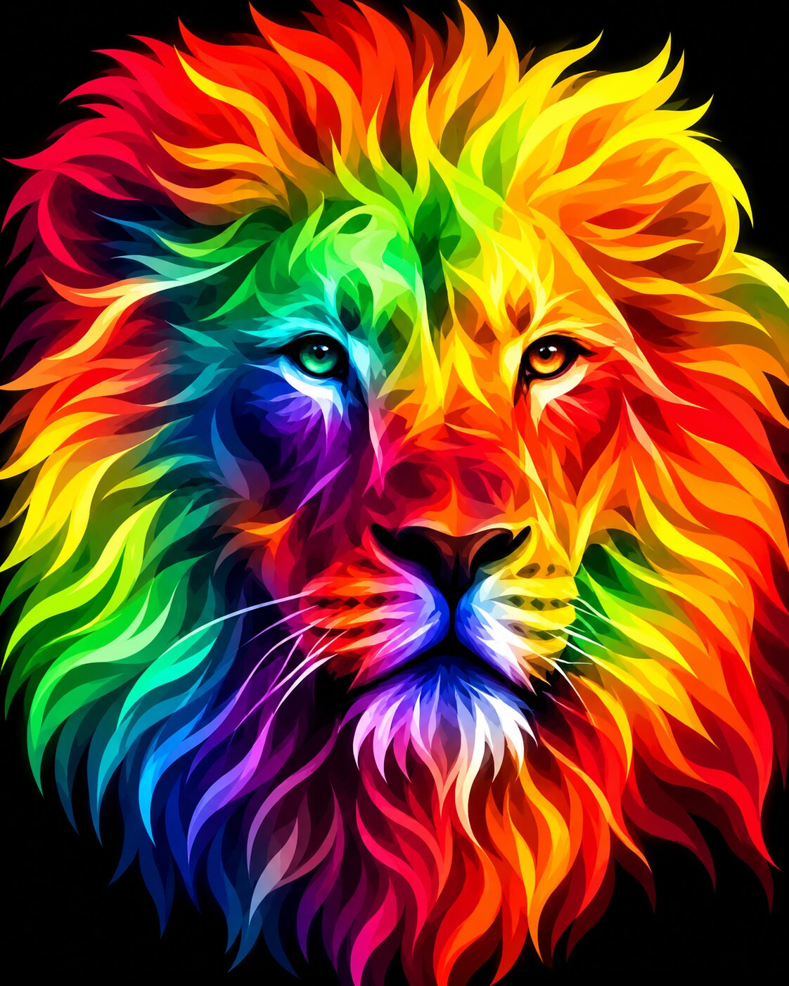 A vibrant, stylized digital illustration of a lion's face with a rainbow color gradient, set against a solid black background. Neon Smoke Lion - Diamond Painting