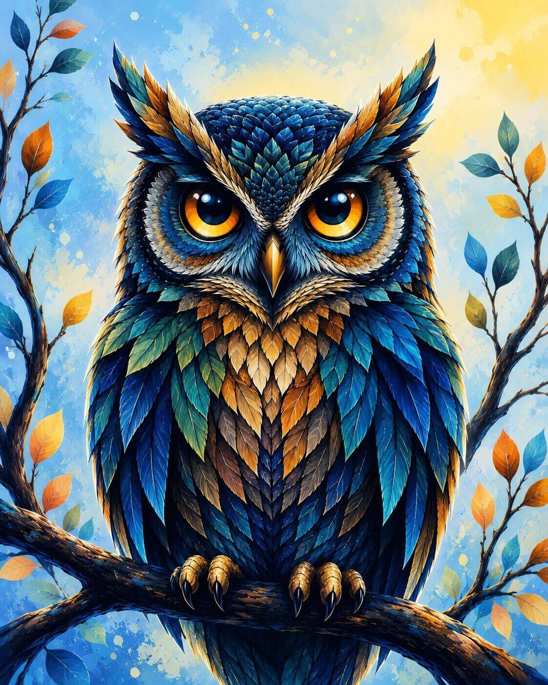 Colorful owl painting on a branch with a blue and yellow background. Neon Owl - Diamond Painting