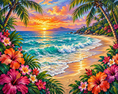 A vibrant tropical beach sunset painting with palm trees framing a sandy shore, turquoise ocean waves, and colorful hibiscus flowers in the foreground. Ocean Sunset - Diamond Painting