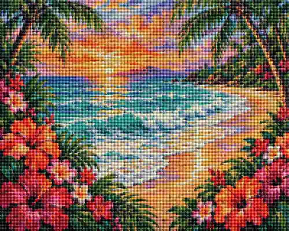A colorful tropical beach scene artwork with palm trees, turquoise ocean waves, a sandy shore, and bright hibiscus flowers framing the image at the top and bottom. Ocean Sunset - Diamond Art