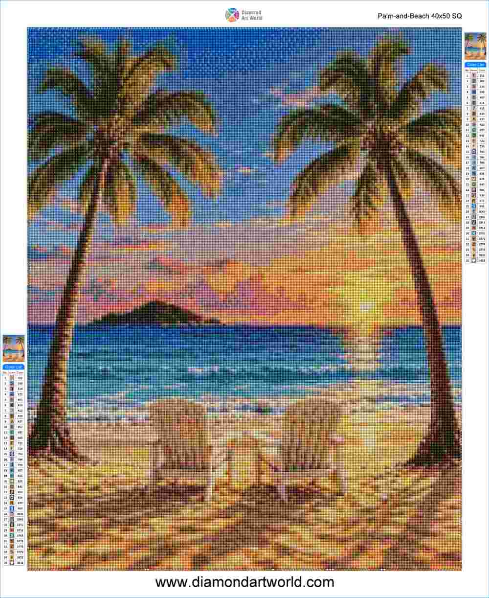 A diamond painting kit pattern sheet titled 'Palm and Beach 42x50 SG' by Diamond Art World, depicting a tropical beach scene with two palm trees, two Adirondack chairs, a blue ocean, and a sunset sky.