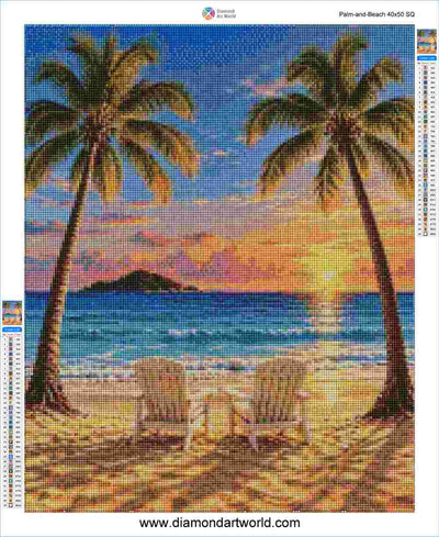 A diamond painting kit pattern sheet titled 'Palm and Beach 42x50 SG' by Diamond Art World, depicting a tropical beach scene with two palm trees, two Adirondack chairs, a blue ocean, and a sunset sky.