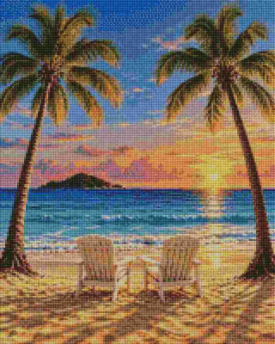 A tropical beach sunset scene with two tall palm trees, two white lounge chairs on the sand, blue ocean water, and a bright sun over the horizon. Beach and Palm - Diamond Art