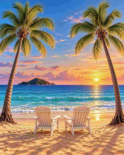 A tropical beach sunset scene with two white Adirondack chairs facing the ocean, framed by two tall palm trees. The sandy beach, turquoise waves, and island are lit by a warm orange and pink sunset sky. Beach and Palm - Diamond Painting