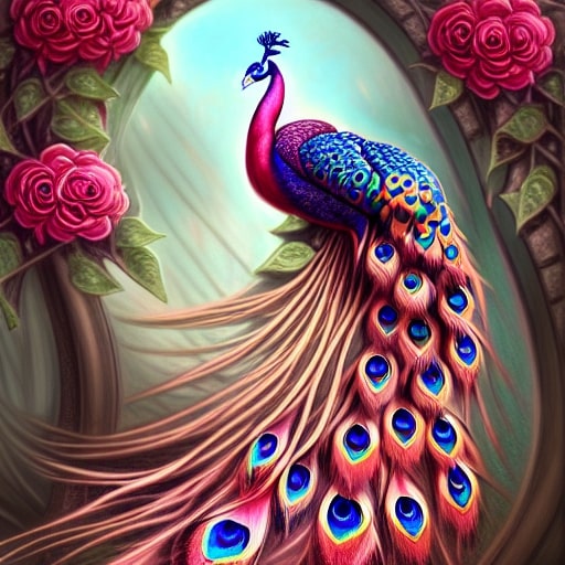 A vivid fantasy-style artwork of a peacock with a long iridescent tail, framed by pink roses and green leaves against a soft glowing background. Peacock Rose Fantasy - Diamond Painting