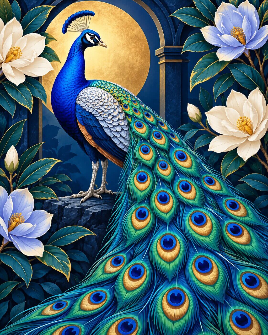 A stylized digital artwork of a peacock with a long blue and green tail, standing in front of a large gold moon and dark blue archway, surrounded by white flowers and green leaves. Peacock in Blue - Diamond Painting