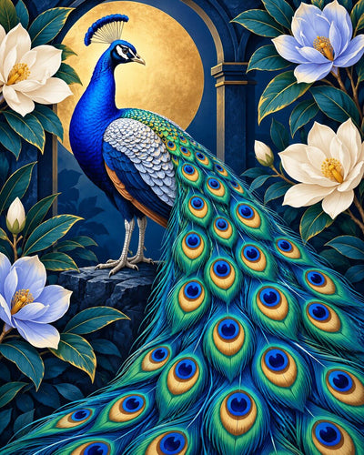 A stylized digital artwork of a peacock with a long blue and green tail, standing in front of a large gold moon and dark blue archway, surrounded by white flowers and green leaves. Peacock in Blue - Diamond Painting
