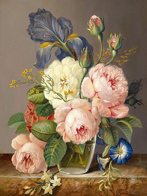 Stylized painting of flowers in a vase on a wooden surface with a gray background. Peony Still Life - Diamond Painting
