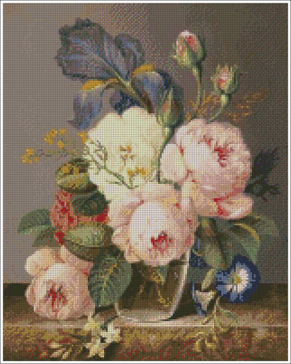 Floral still life painting with roses and other flowers in a vase. Peony Still Life - Diamond art