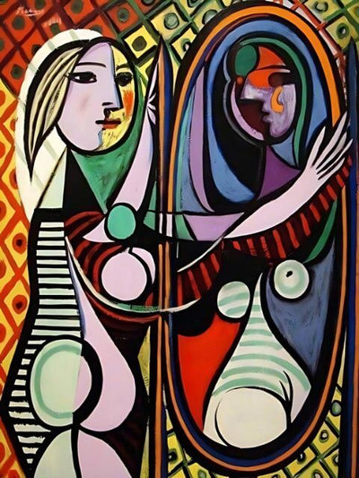 Abstract artwork with two figures in a geometric style. Picasso Girl before a Mirror - Diamond Painting