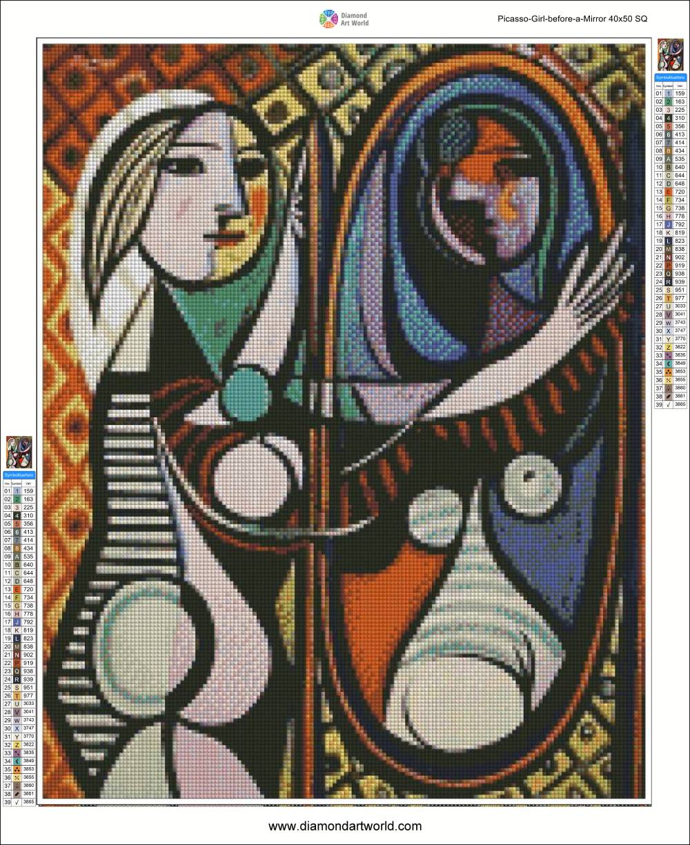 Artistic depiction of a woman with abstract patterns and colors, resembling a diamond painting kit. Picasso Girl before a Mirror - Diamond Painting Layout