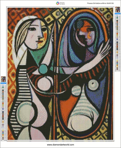 Artistic depiction of a woman with abstract patterns and colors, resembling a diamond painting kit. Picasso Girl before a Mirror - Diamond Painting Layout
