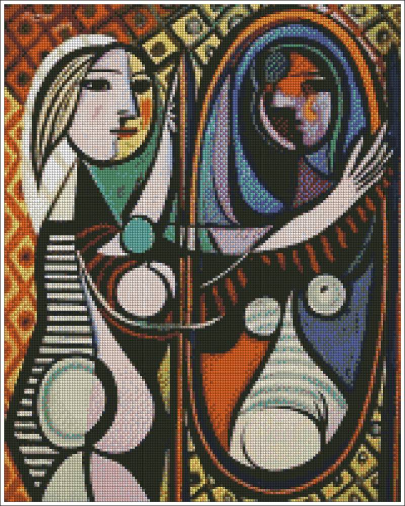 Abstract artwork with geometric shapes and colors, resembling a famous painting. Picasso Girl before a Mirror - Diamond art