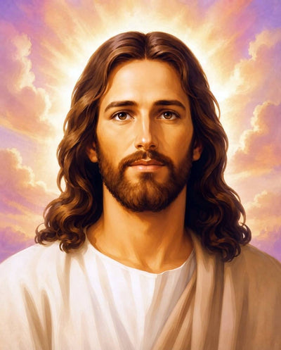 A stylized portrait of Jesus with long brown hair, a beard, and a white robe, set against a glowing sky with clouds in purple, gold, and peach tones. Portrait of Jesus - Diamond Painting