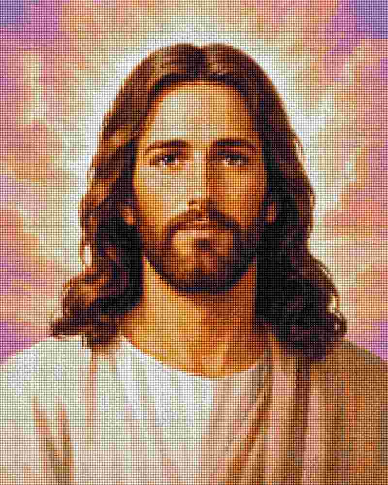 A stylized portrait of Jesus Christ with long brown hair, a beard, and a white robe against a glowing pinkish-purple background. Portrait of Jesus - Diamond Painting