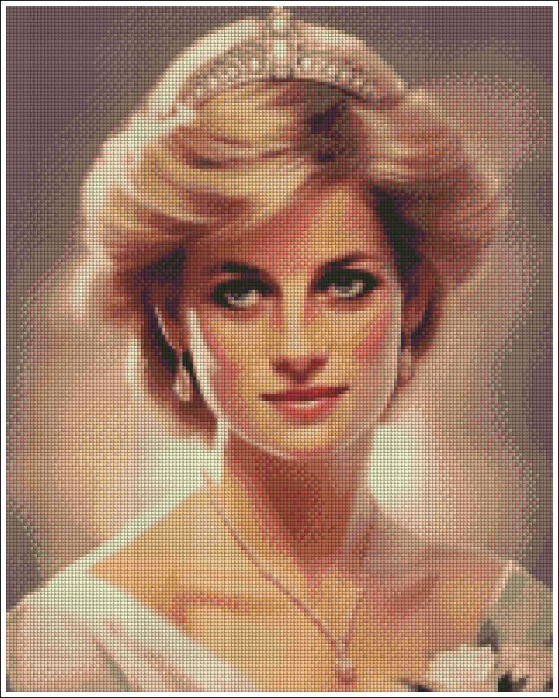 A stylized portrait print of Princess Diana wearing a tiara and necklace, shown against a soft warm-toned background. Princess Diana - Diamond Art