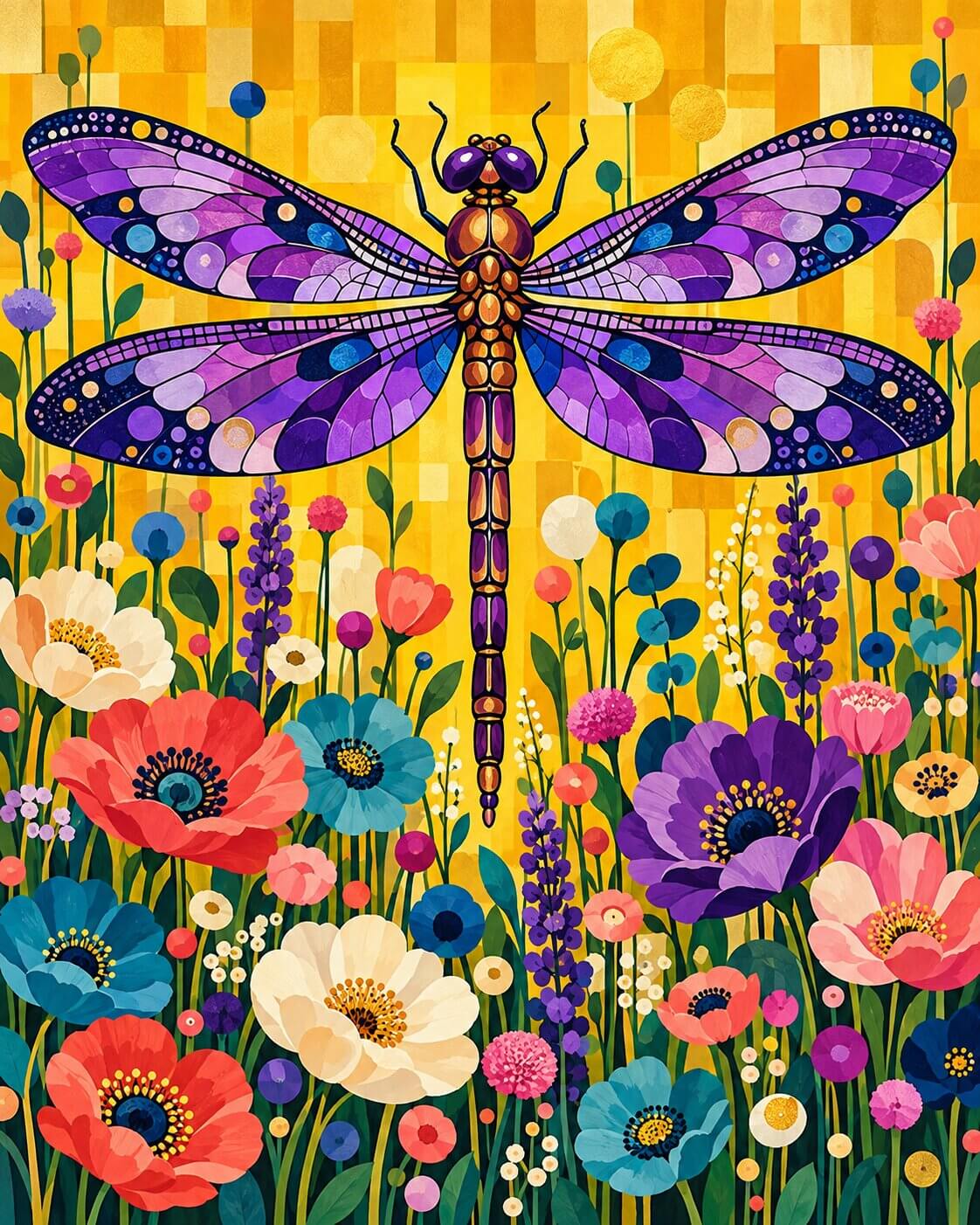 Vibrant mosaic-style artwork of a large purple dragonfly with patterned wings over a field of colorful flowers, including red, blue, pink, purple, and white blossoms, on a yellow background. Purple Dragonfly - Diamond Painting