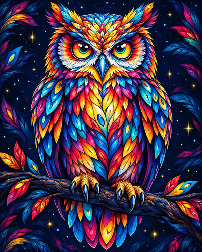 A vibrant, colorful owl perched on a branch against a dark starry night sky. The owl's feathers are decorated with intricate, symmetrical patterns in bright shades of blue, yellow, orange, red, and purple. Rainbow Owl - Diamond Painting