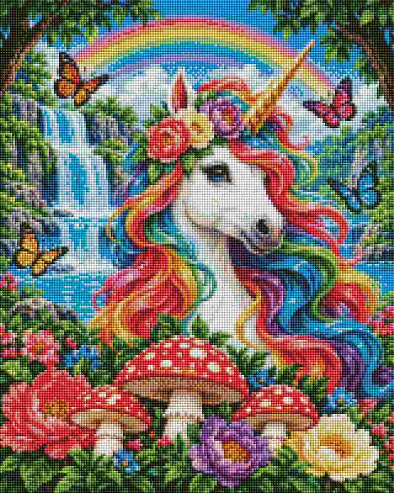 A colorful fantasy artwork of a white unicorn with a rainbow mane and horn, surrounded by flowers, butterflies, mushrooms, a waterfall, and a rainbow in a lush forest scene. Rainbow Unicorn -Diamond Art