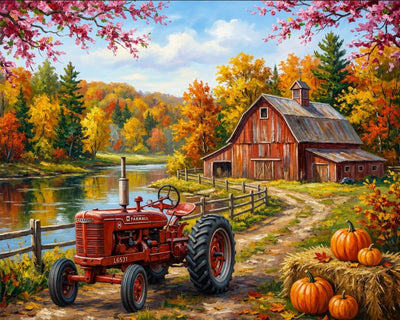 A colorful autumn farm landscape painting featuring a red vintage tractor beside a river, with a red barn, fall trees, pumpkins on hay, and a dirt path. Red-Tractor by the Barn - Diamond Painting