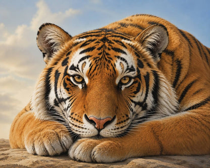 Close-up of a tiger lying on a rock with a blurred natural background. Resting Tiger - Diamond Painting