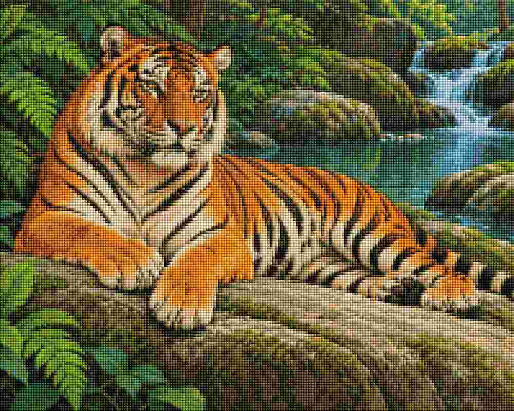 A tiger resting on a mossy rock in a lush green forest with a small waterfall in the background. Resting Tiger - Diamond Painting