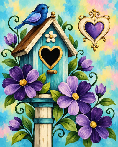 A whimsical illustrated scene featuring a turquoise birdhouse with a heart-shaped window, a blue bird perched on the roof, large purple flowers with yellow centers, green leaves, and a gold heart frame against a pastel blue, yellow, and pink background. Romantic Hearts House - Diamond Painting