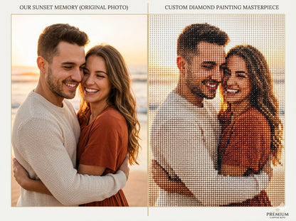 Original photo of a couple at sunset next to a diamond painting of the same scene. Custom diamond painting - Diamond art world