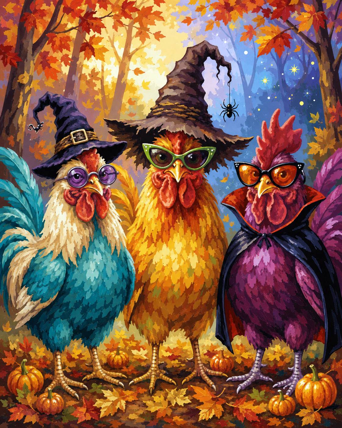 A colorful Halloween-themed illustration of three stylized chickens wearing witch hats and glasses, standing in an autumn forest with pumpkins and falling leaves. Rooster Witches - Diamond Painting