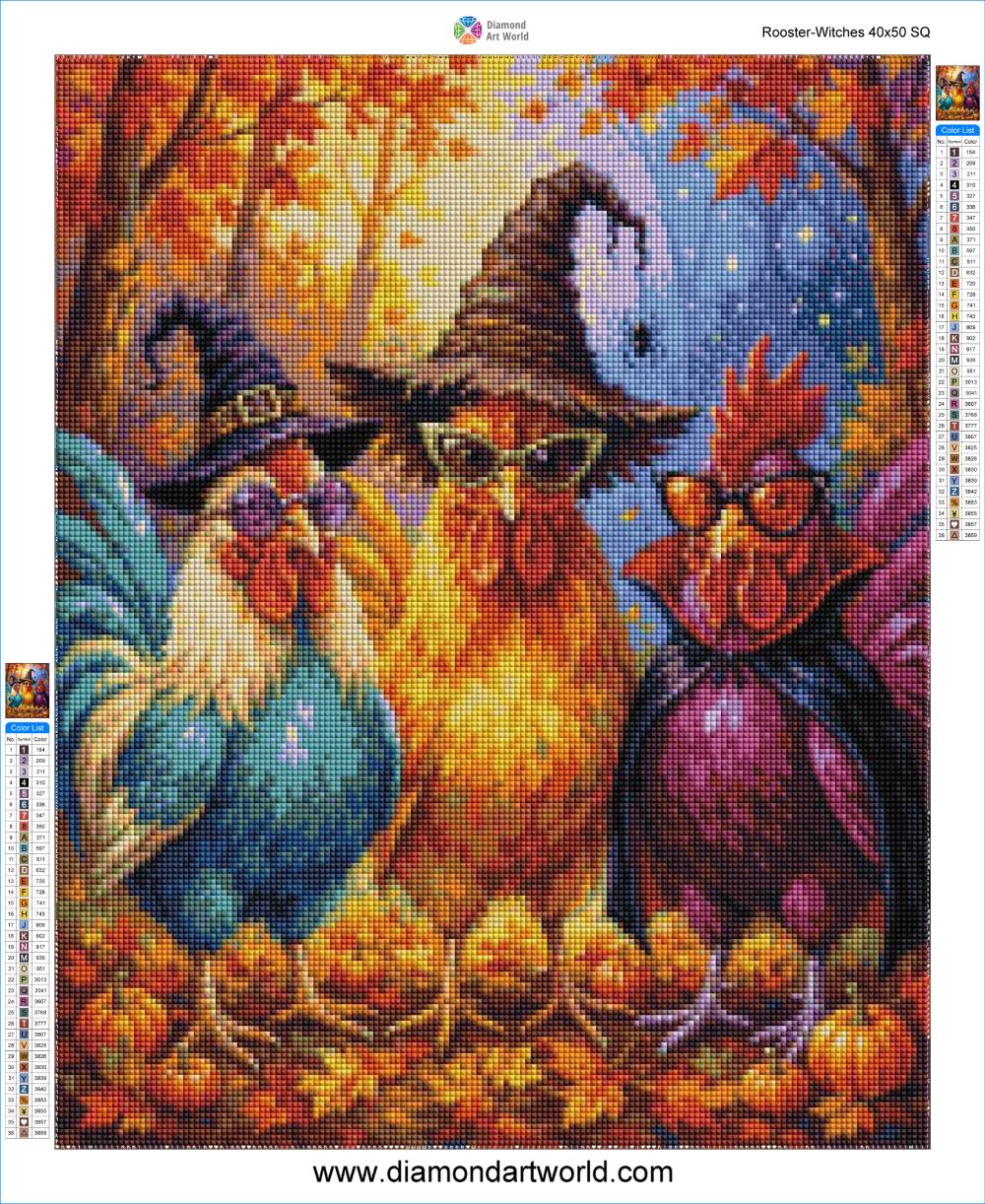 Rooster Witches - Diamond Painting Layout