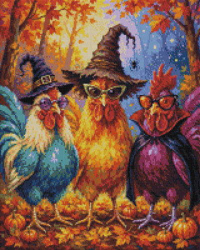 A colorful illustration of three roosters wearing witch hats and glasses, set in an autumn forest with pumpkins and fall leaves. Rooster Witches - Diamond Art