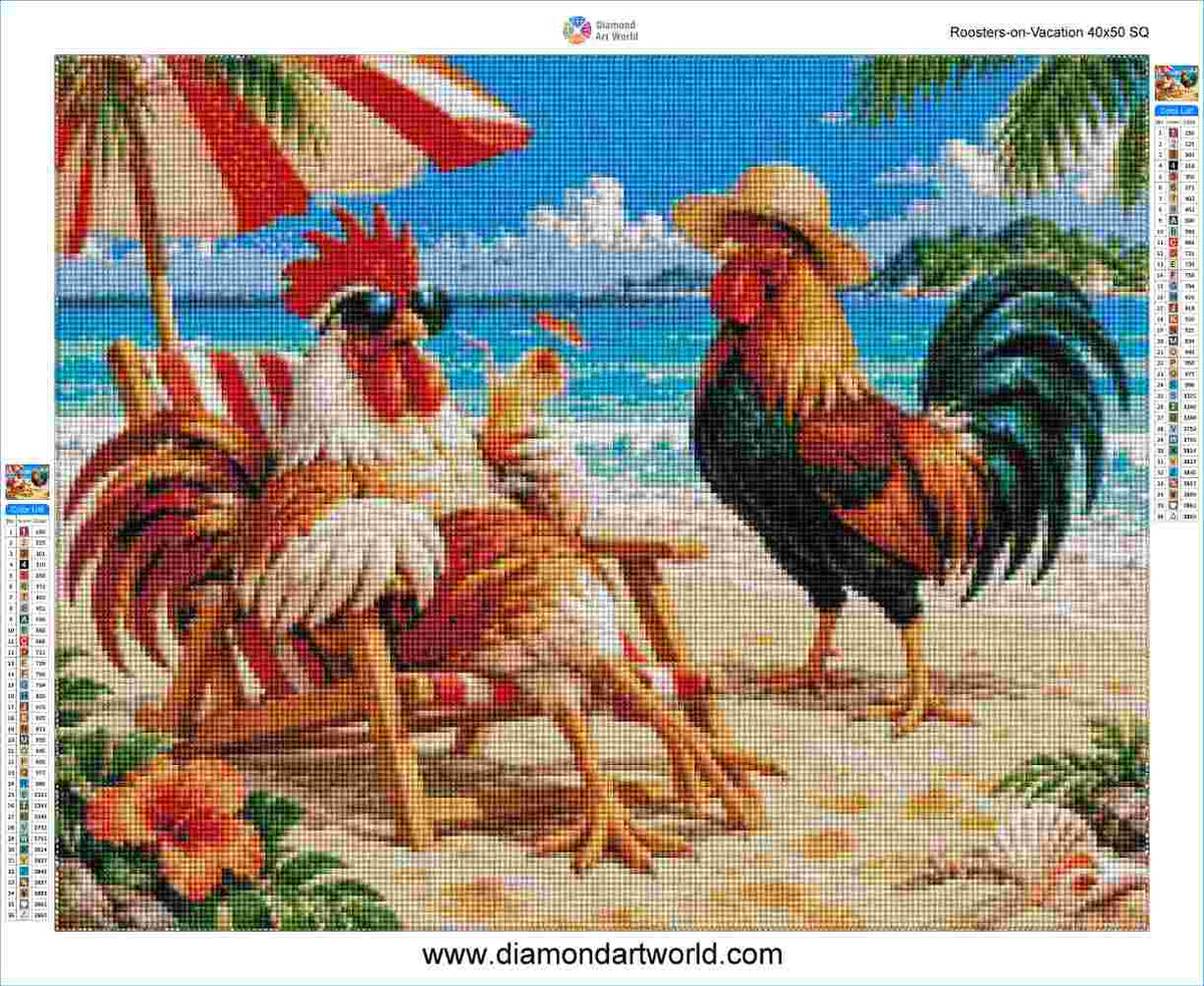 Roosters on Vacation - Diamond painting layout