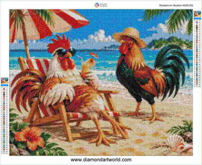 Roosters on Vacation - Diamond painting layout