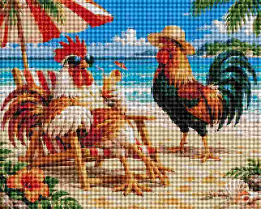 Roosters on Vacation - Diamond art