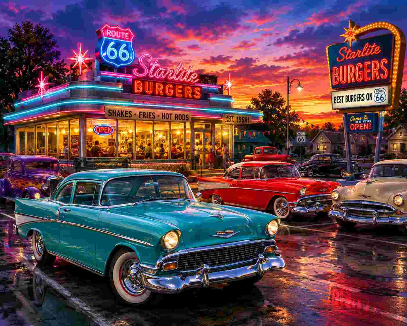 A colorful retro-style illustration of a Route 66 diner with bright neon signs, including a large Starlite Burgers sign, and several classic cars parked in the lot at sunset. The foreground car is turquoise with chrome details, and the scene is lit by vivid pink, purple, blue, and orange sky reflections on wet pavement. Route 66 Car Night - Diamond Painting