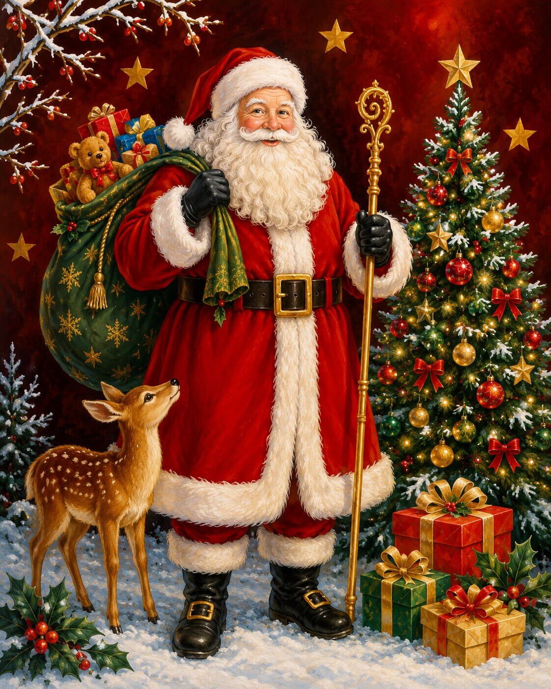 A festive Christmas scene showing Santa Claus in a red suit with white fur trim, carrying a sack of toys and holding a gold staff, standing beside a decorated Christmas tree, wrapped gifts, holly, and a small deer in snow. Santa Claus Christmas - Diamond Painting
